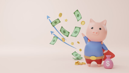 Piggy in hero suit with arrow pointed up, floating dollar paper and gold coins metaphor savings insurance or deposit interest rate, banking and business finance background concept. 3D rendering.
