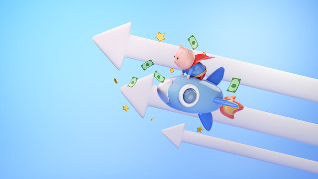 Piggy in hero suit riding a rocket with growth up arrow, floating dollar paper and gold coins on blue background metaphor savings, banking and business finance, increase of Deposit Interest rates conc