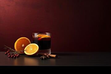 Glasses of delicious mulled wine on dark background, winter christmas drink, copy space
