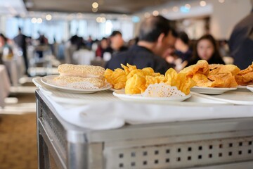Fried dumplings and buns on top of a rolling cart at a dim sum restaurant in Burwood Chinatown —...