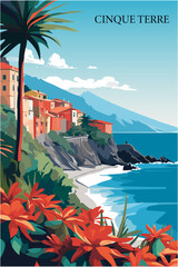 Cinque Terre Italy retro poster with abstract shapes of skyline, landscape, houses and waterfront. Vintage cityscape travel vector illustration of Liguria Riomaggiore village waterfront - obrazy, fototapety, plakaty