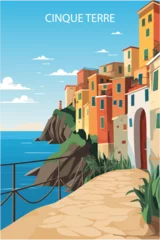 Poster Cinque Terre Italy retro poster with abstract shapes of skyline, landscape, houses and waterfront. Vintage cityscape travel vector illustration of Liguria Riomaggiore village waterfront © Anastasiia