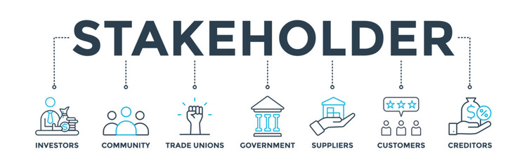Stakeholder relationship banner web icon vector illustration concept for stakeholder, investor, government, and creditors with icon of community, trade unions, suppliers, and customers 