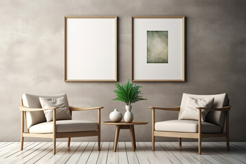 Fototapeta na wymiar Lounge chair and round wooden table against beige wall and poster frame. Modern living room interior design