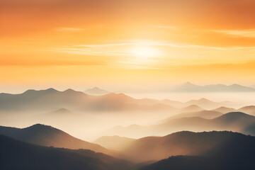 Fototapeta na wymiar Natural fog and mountains sunlight background blurring, misty waves warm colours and bright sun light. Christmas background sky sunny color orange light patterns, abstract flare evening on clouds blur