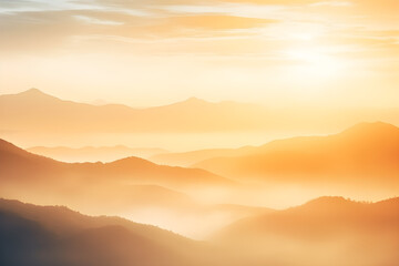 Fototapeta premium Natural fog and mountains sunlight background blurring, misty waves warm colours and bright sun light. Christmas background sky sunny color orange light patterns, abstract flare evening on clouds blur