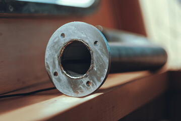 Gooseneck. Gooseneck pipe close up. A 180 degrees deformed tube that prevents entry of water. Water...