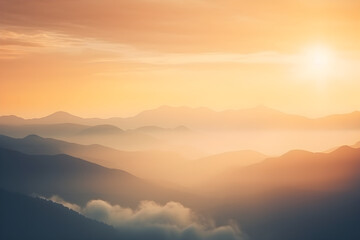 Obraz premium Natural fog and mountains sunlight background blurring, misty waves warm colours and bright sun light. Christmas background sky sunny color orange light patterns, abstract flare evening on clouds blur