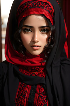 Moroccan Woman with Fair Skin in Red and Black Attire