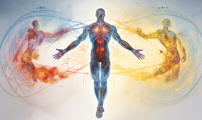 Radiant Connections Visualizing the Interplay of Human Energies and human body and color fully background and art man