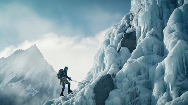 A man reaching the peak of a frozen mountain, pushing the limits of trekking and overcoming fears to achieve challenging goals. Generative AI