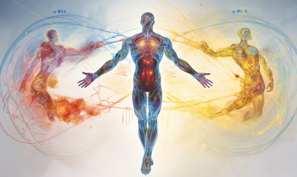 Radiant Connections Visualizing the Interplay of Human Energies and human body and color fully background and art man