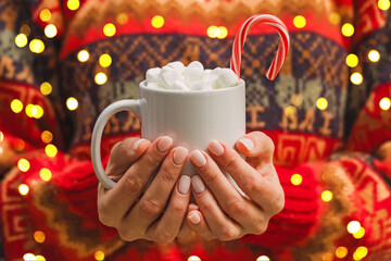Close-up of feminine hands holding cup with hot cocoa.