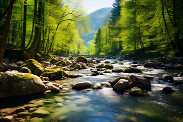 spring forest nature landscape, beautiful spring stream, river rocks in mountain forest