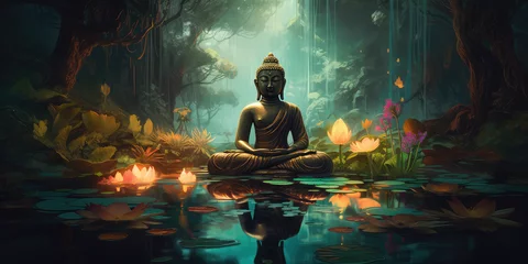 Foto auf Alu-Dibond glowing Lotus flowers and gold buddha statue, generative AI   © Kien