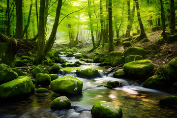 Fototapeta premium spring forest nature landscape, beautiful spring stream, river rocks in mountain forest