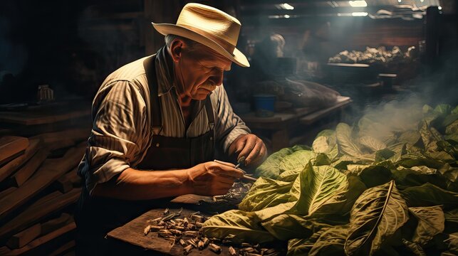 An elderly man meticulously working with tobacco leaves before they are processed, preserving a centuries-old tradition. Generative AI