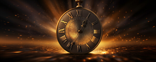 clock on glittering midnight golden light with copy space - obrazy, fototapety, plakaty