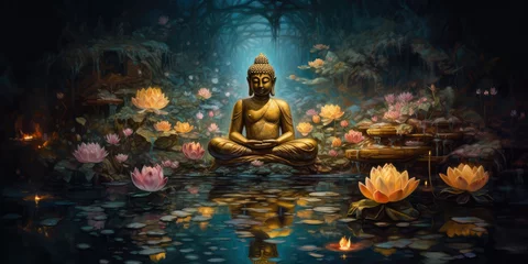 Deurstickers glowing Lotus flowers and gold buddha statue, generative AI   © Kien