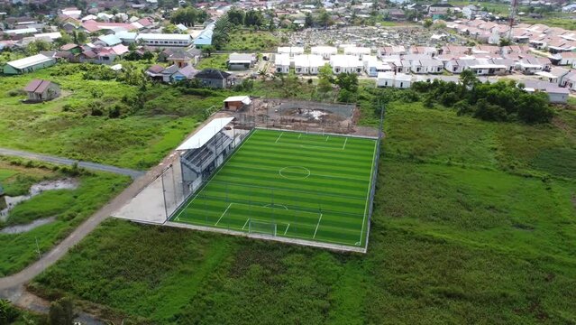 Aerial view of the futsal field with an open roof which is still quiet, no visitors have yet comeAerial view of the futsal field with an open roof which is still quiet, no visitors have yet come