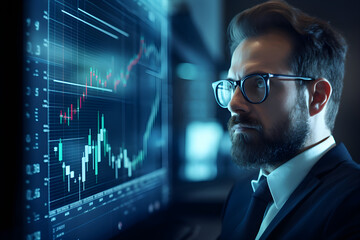 financial charts overlay with background of Portrait of Stock Market Trader Doing Analysis of Investment Charts, Graphs. Financial Analyst, Digital Entrepreneur Successfully Trading