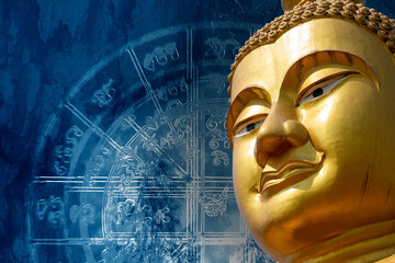 Close-up of buddha face with yantra writeing on background.