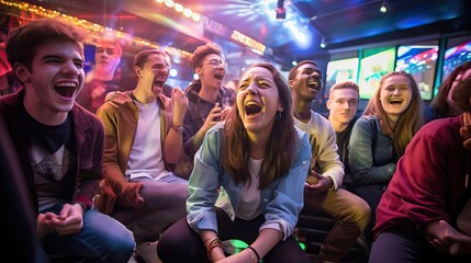 A group of joyful young people singing a catchy song together, their enthusiasm and happiness contagious. Generative AI