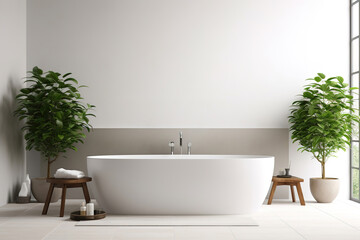 Fototapeta na wymiar Modern minimalist bathroom interior design with white bathtub and green plants