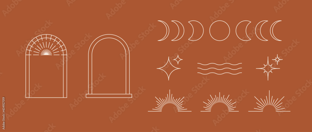 Poster boho style linear element collection. bohemian decorative ornamental shapes set for badge, logo, car