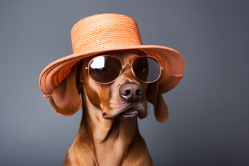 funny portrait of dog wearing sunglasses and sun hat on plain background