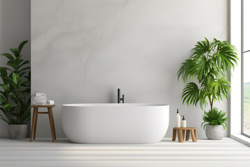 Modern minimalist bathroom interior design with white bathtub and green plants