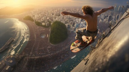a man riding a skateboard on a ledge - obrazy, fototapety, plakaty