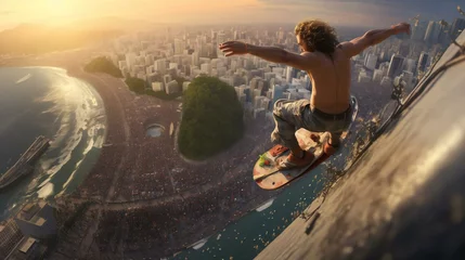 Zelfklevend Fotobehang a man riding a skateboard on a ledge © KWY