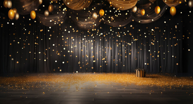 podium on a dark background, falling golden confetti, first place, fame and popularity