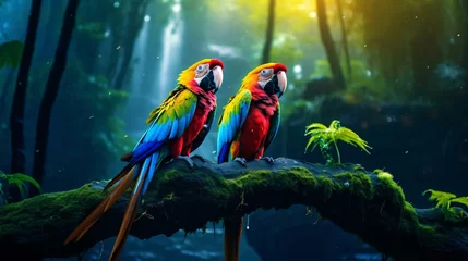 Fotobehang a group of colorful birds sitting on a branch © KWY