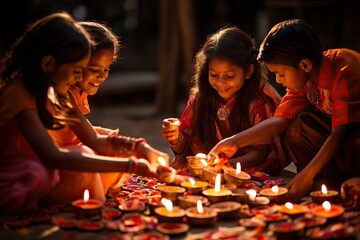 Indian girls light fires for diwali festival - obrazy, fototapety, plakaty