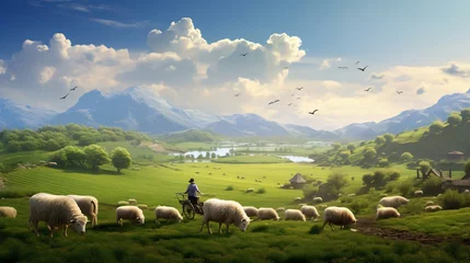 Deurstickers a person riding a horse in a field of sheep © KWY