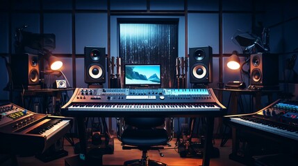 a room with a piano and speakers - obrazy, fototapety, plakaty
