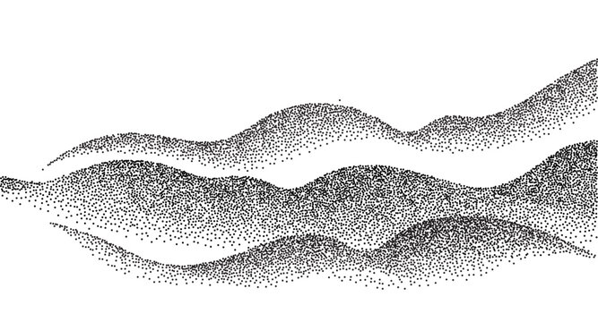Dotwork mountain grain pattern. Grainy hill with dotted noise and grunge texture. Landscape and terrain in dotwork style. Stippled gradient mountains. Noisy stochastic background Pointillism texture