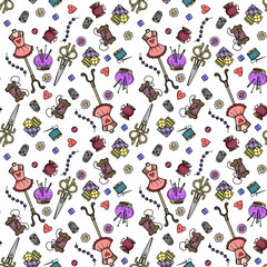 Seamless pattern. Sewing kit. Embroidery, doodle, creativity, hobby. Cute pattern for women. Drawing for clothes.