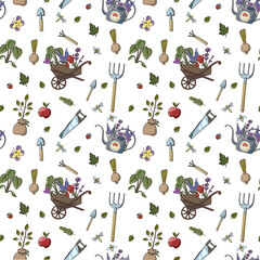 Seamless pattern. Garden set. Watering can, garden, tools, flowers, doodle, creativity, hobby. Cute pattern for women. Drawing for clothes.