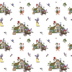 House, duck, bird, garden, kitchen garden, plants, flowers, doodle, creativity, hobby. Cute pattern for women. Drawing for clothes.