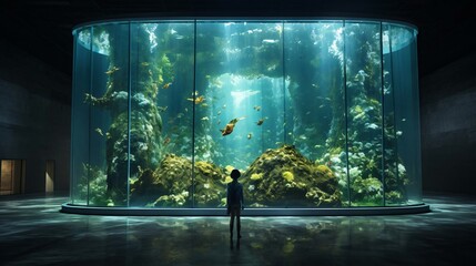 a person standing in front of a large aquarium