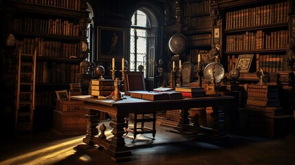 Fototapeta na wymiar a library with books and a desk