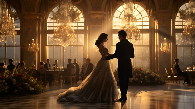 a man and woman dancing in a room with chandeliers and people