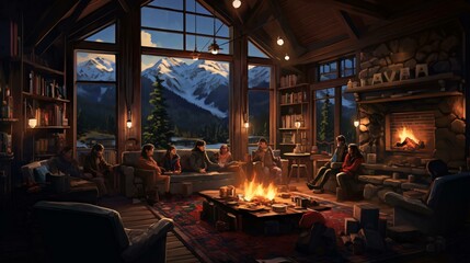 a group of people sitting around a fire in a room with a large window - obrazy, fototapety, plakaty
