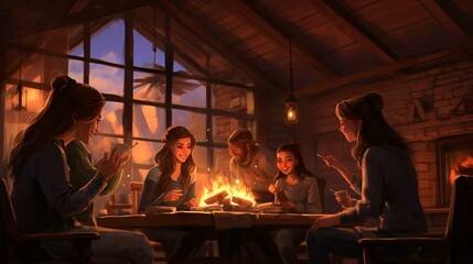 a group of people sitting around a table with a fire in the middle