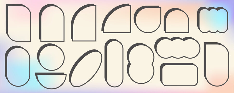 Abstract geometric elements for design. Neobrutalism graphic shapes. Minimal groovy Y2k retro stickers. Set of retro labels. Simple vector frames.
