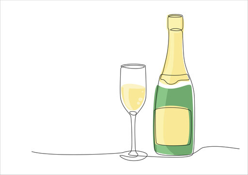 Bottle of champagne with champagne glass continuous one line drawing. Single line drawing of bottle with alcohol, glassware and color shapes. Line art style for restaurant menu, poster, banner. Vector