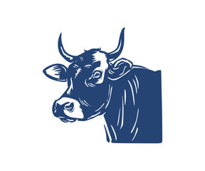 HORNED BIG COW LOGO, silhouette of dark blue cattle head vector illustrations.